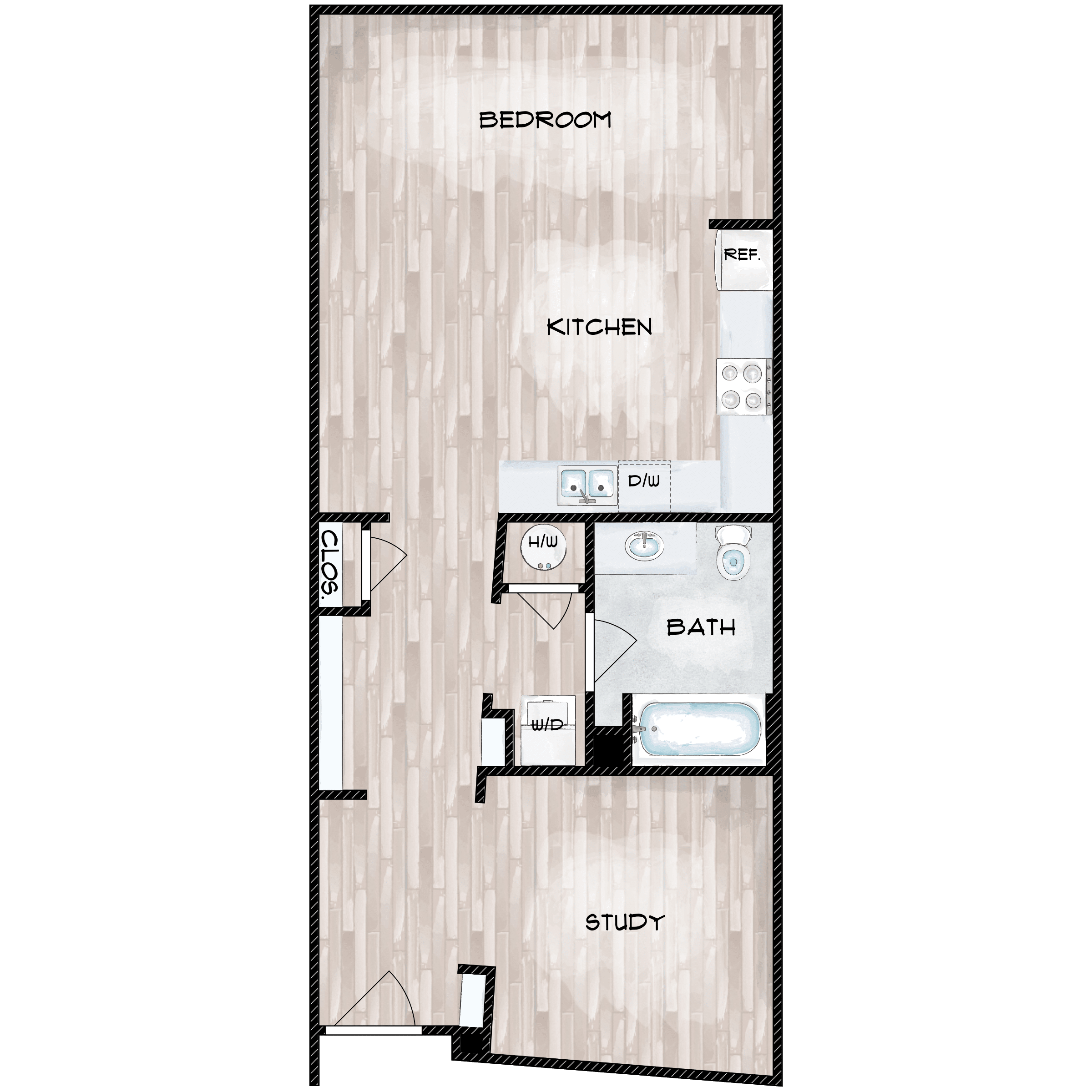 Floor plan for studio, 1 bath, 713 sqft